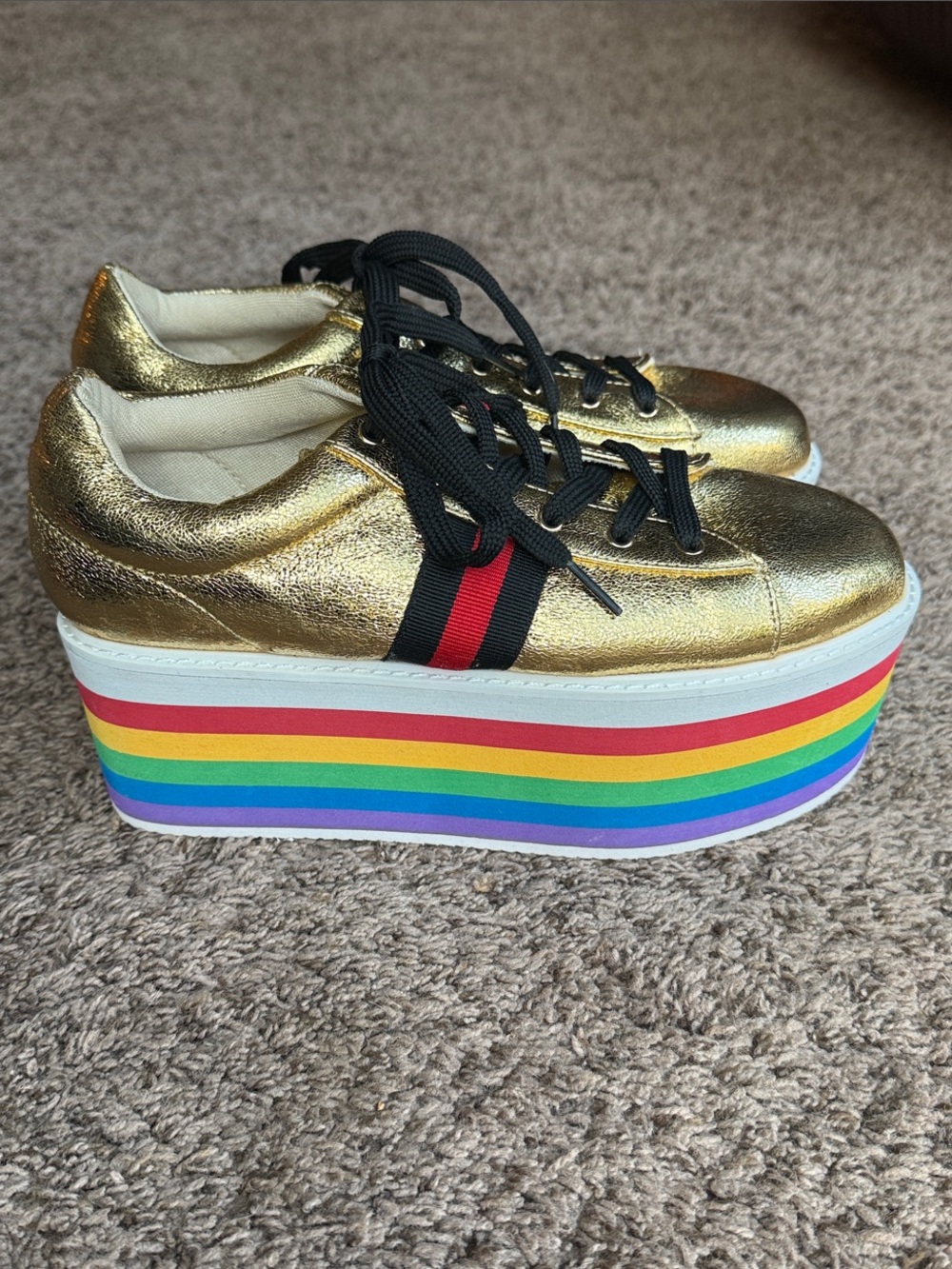 Metallic Gold Platform Lace-Up Sneakers with 3” Rainbow Layered Sole